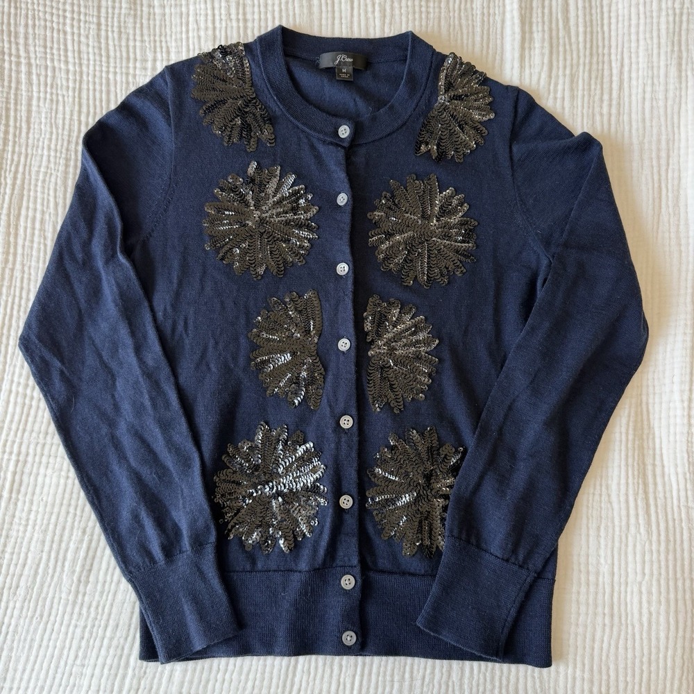 J.Crew Sequin Flower Jackie Wool Cardigan Sweater Navy Blue Sz M Retail $98 EUC
